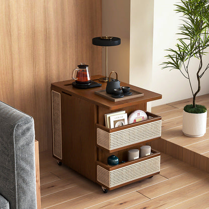 Contemporary Retro Rattan Pine Red Oak & Cherry Wood Rectangular Bus Movable Side Table With 4 Shelves & 2 Cabinets For Living Room And Bedroom