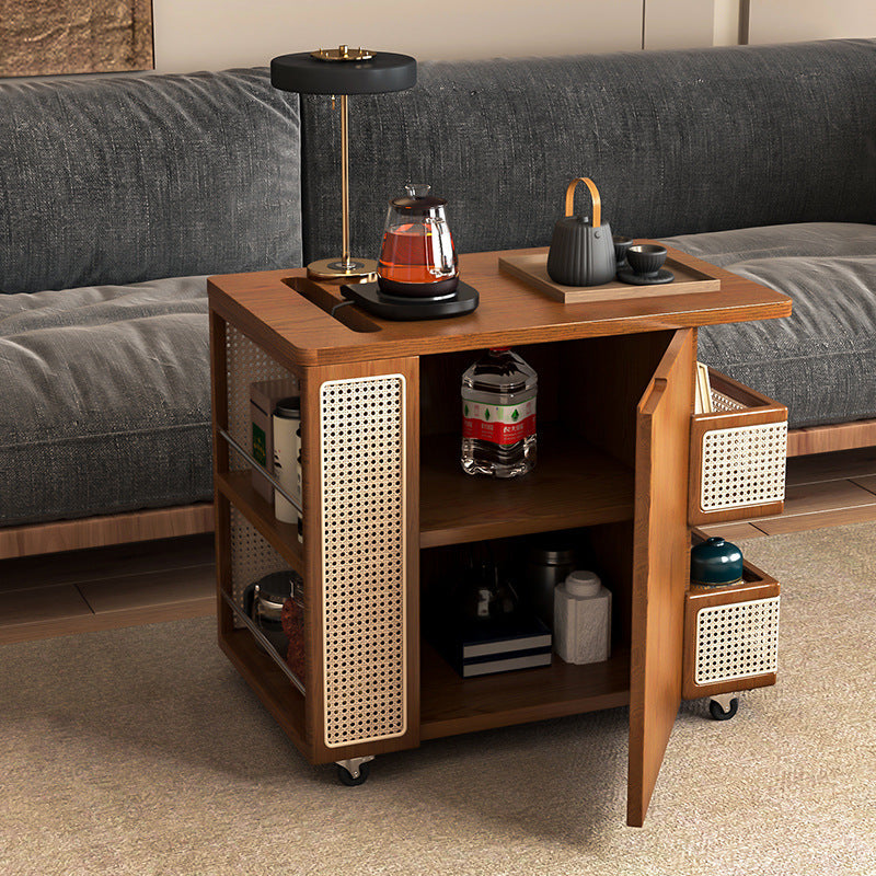 Contemporary Retro Rattan Pine Red Oak & Cherry Wood Rectangular Bus Movable Side Table With 4 Shelves & 2 Cabinets For Living Room And Bedroom