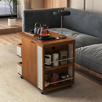 Contemporary Retro Rattan Pine Red Oak & Cherry Wood Rectangular Bus Movable Side Table With 4 Shelves & 2 Cabinets For Living Room And Bedroom