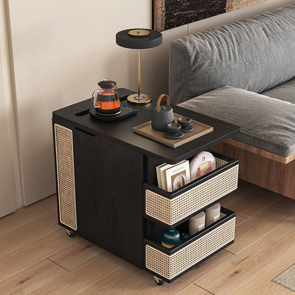Contemporary Retro Rattan Pine Red Oak & Cherry Wood Rectangular Bus Movable Side Table With 4 Shelves & 2 Cabinets For Living Room And Bedroom