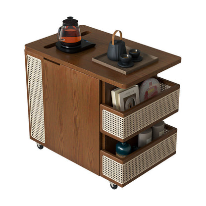 Contemporary Retro Rattan Pine Red Oak & Cherry Wood Rectangular Bus Movable Side Table With 4 Shelves & 2 Cabinets For Living Room And Bedroom