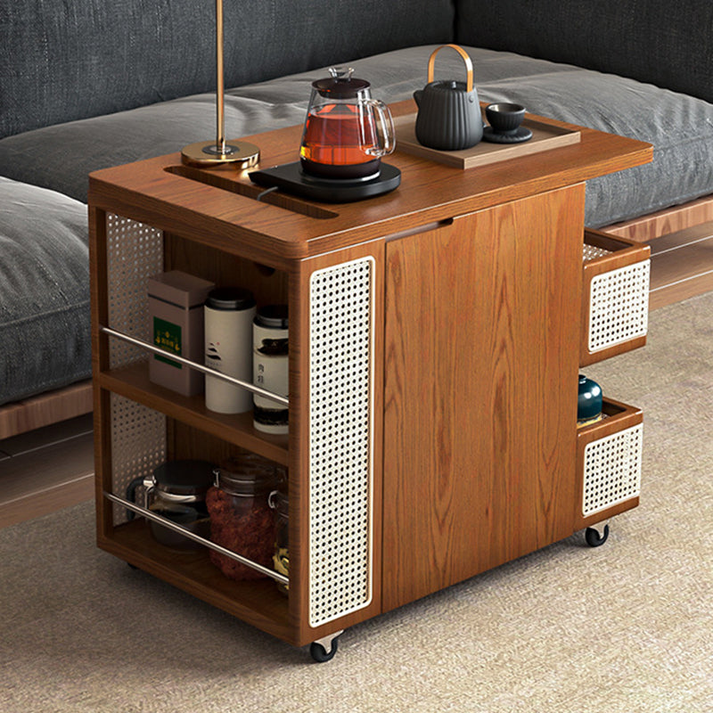 Contemporary Retro Rattan Pine Red Oak & Cherry Wood Rectangular Bus Movable Side Table With 4 Shelves & 2 Cabinets For Living Room And Bedroom