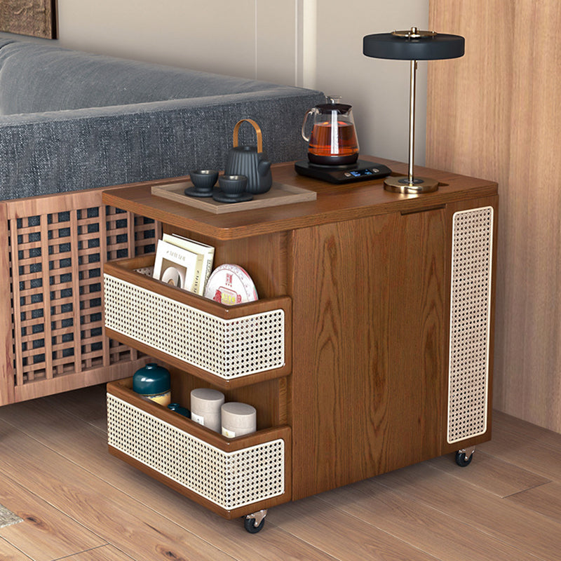 Contemporary Retro Rattan Pine Red Oak & Cherry Wood Rectangular Bus Movable Side Table With 4 Shelves & 2 Cabinets For Living Room And Bedroom
