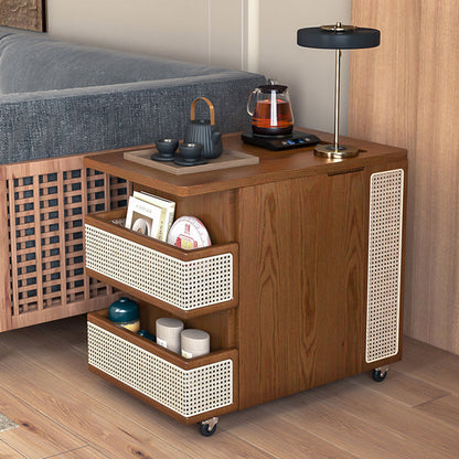 Contemporary Retro Rattan Pine Red Oak & Cherry Wood Rectangular Bus Movable Side Table With 4 Shelves & 2 Cabinets For Living Room And Bedroom