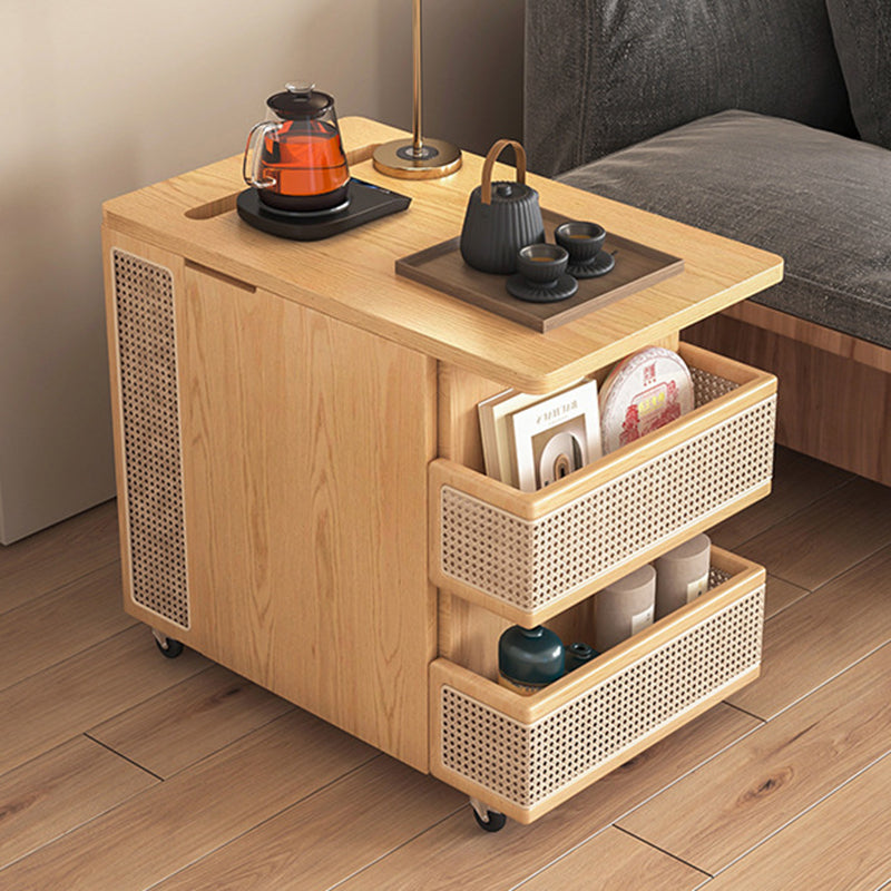 Contemporary Retro Rattan Pine Red Oak & Cherry Wood Rectangular Bus Movable Side Table With 4 Shelves & 2 Cabinets For Living Room And Bedroom