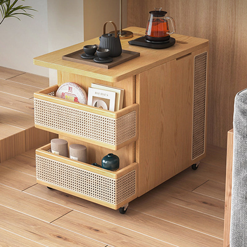 Contemporary Retro Rattan Pine Red Oak & Cherry Wood Rectangular Bus Movable Side Table With 4 Shelves & 2 Cabinets For Living Room And Bedroom