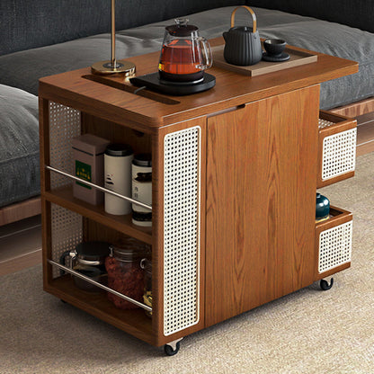 Contemporary Retro Rattan Pine Red Oak & Cherry Wood Rectangular Bus Movable Side Table With 4 Shelves & 2 Cabinets For Living Room And Bedroom