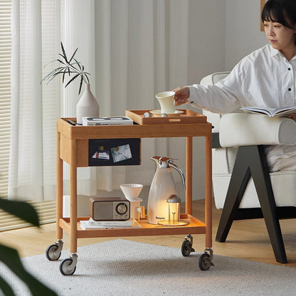 Contemporary Nordic Cherry Wood Oak Glass Rectangular Cart Movable End Table With 2-Tier Storage For Living Room And Bedroom