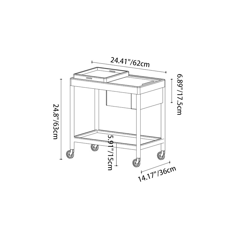 Contemporary Nordic Cherry Wood Oak Glass Rectangular Cart Movable End Table With 2-Tier Storage For Living Room And Bedroom