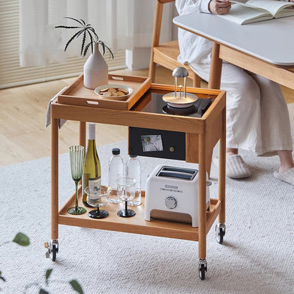Contemporary Nordic Cherry Wood Oak Glass Rectangular Cart Movable End Table With 2-Tier Storage For Living Room And Bedroom