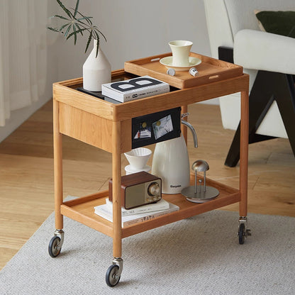 Contemporary Nordic Cherry Wood Oak Glass Rectangular Cart Movable End Table With 2-Tier Storage For Living Room And Bedroom