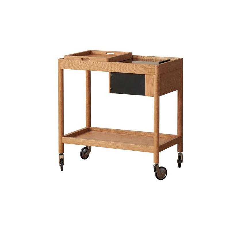 Contemporary Nordic Cherry Wood Oak Glass Rectangular Cart Movable End Table With 2-Tier Storage For Living Room And Bedroom