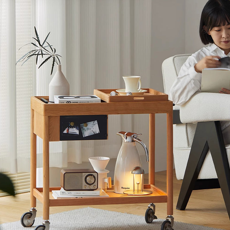Contemporary Nordic Cherry Wood Oak Glass Rectangular Cart Movable End Table With 2-Tier Storage For Living Room And Bedroom