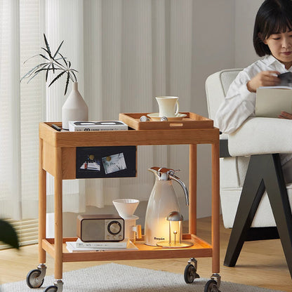 Contemporary Nordic Cherry Wood Oak Glass Rectangular Cart Movable End Table With 2-Tier Storage For Living Room And Bedroom