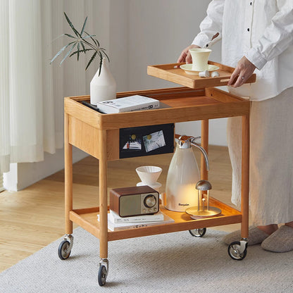 Contemporary Nordic Cherry Wood Oak Glass Rectangular Cart Movable End Table With 2-Tier Storage For Living Room And Bedroom