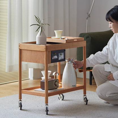 Contemporary Nordic Cherry Wood Oak Glass Rectangular Cart Movable End Table With 2-Tier Storage For Living Room And Bedroom
