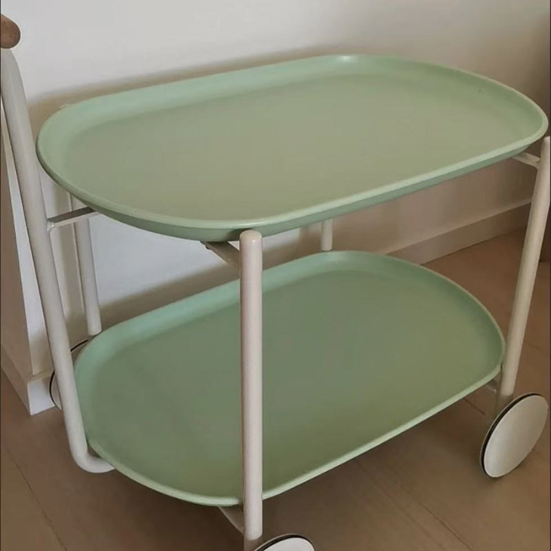 Contemporary Scandinavian ABS Iron Wood Oval Cart Movable Side Table With 2-Tier Storage For Living Room And Bedroom