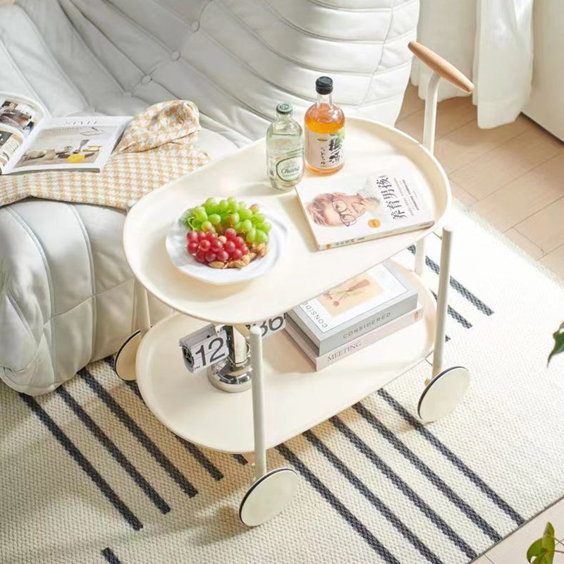 Contemporary Scandinavian ABS Iron Wood Oval Cart Movable Side Table With 2-Tier Storage For Living Room And Bedroom