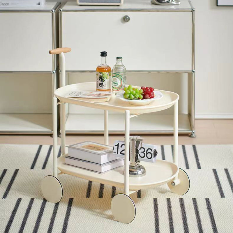 Contemporary Scandinavian ABS Iron Wood Oval Cart Movable Side Table With 2-Tier Storage For Living Room And Bedroom