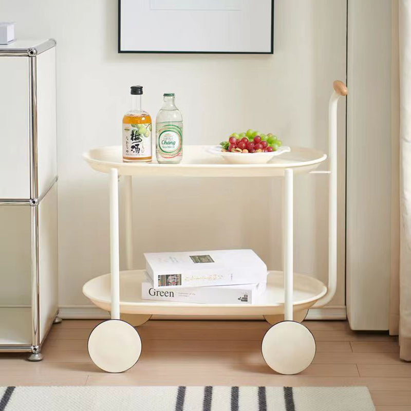 Contemporary Scandinavian ABS Iron Wood Oval Cart Movable Side Table With 2-Tier Storage For Living Room And Bedroom
