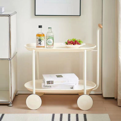 Contemporary Scandinavian ABS Iron Wood Oval Cart Movable Side Table With 2-Tier Storage For Living Room And Bedroom