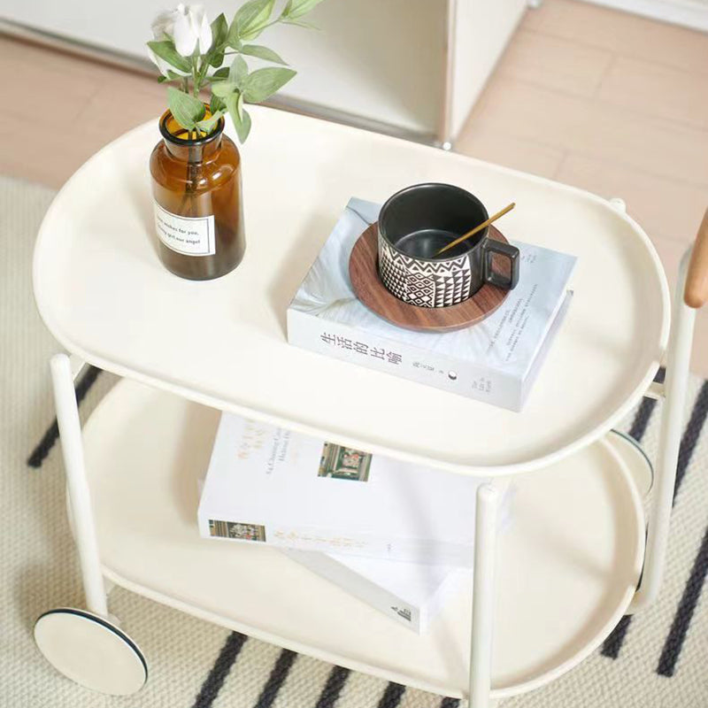 Contemporary Scandinavian ABS Iron Wood Oval Cart Movable Side Table With 2-Tier Storage For Living Room And Bedroom