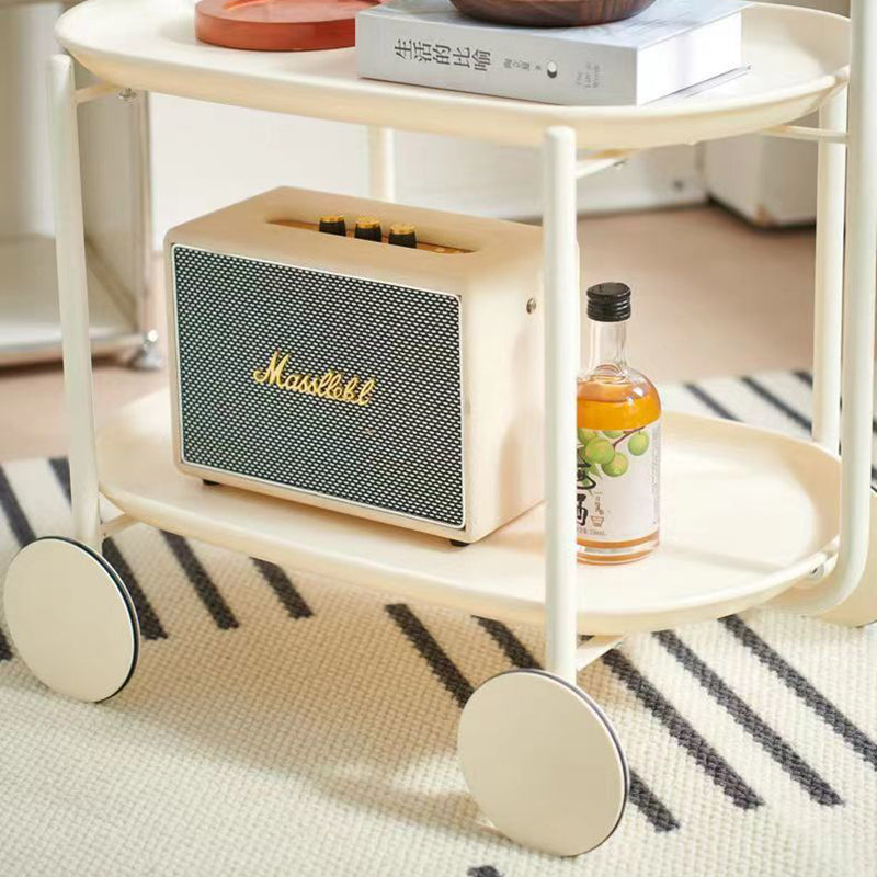 Contemporary Scandinavian ABS Iron Wood Oval Cart Movable Side Table With 2-Tier Storage For Living Room And Bedroom