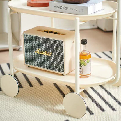 Contemporary Scandinavian ABS Iron Wood Oval Cart Movable Side Table With 2-Tier Storage For Living Room And Bedroom