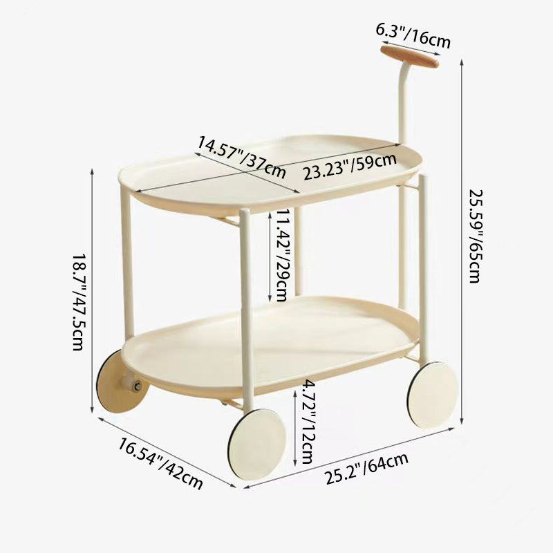 Contemporary Scandinavian ABS Iron Wood Oval Cart Movable Side Table With 2-Tier Storage For Living Room And Bedroom