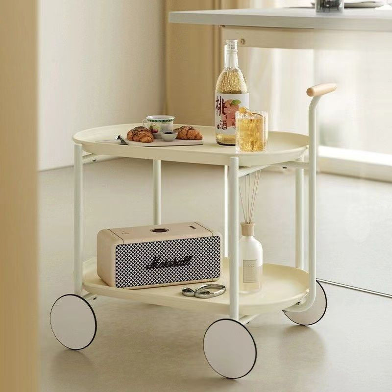 Contemporary Scandinavian ABS Iron Wood Oval Cart Movable Side Table With 2-Tier Storage For Living Room And Bedroom