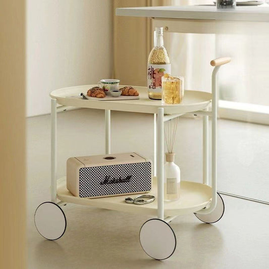 Contemporary Scandinavian ABS Iron Wood Oval Cart Movable Side Table With 2-Tier Storage For Living Room And Bedroom
