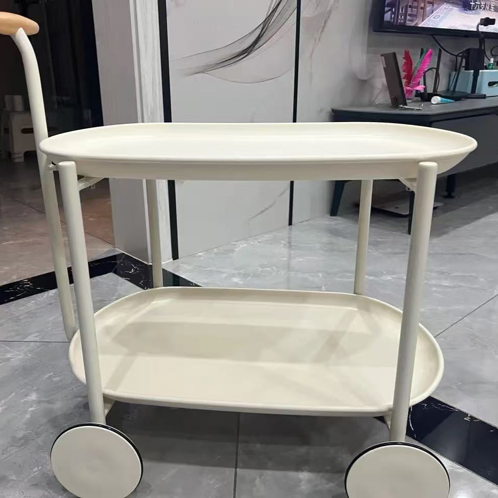Contemporary Scandinavian ABS Iron Wood Oval Cart Movable Side Table With 2-Tier Storage For Living Room And Bedroom
