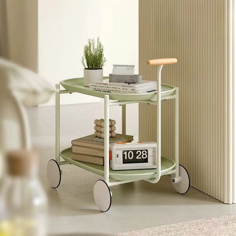 Contemporary Scandinavian ABS Iron Wood Oval Cart Movable Side Table With 2-Tier Storage For Living Room And Bedroom
