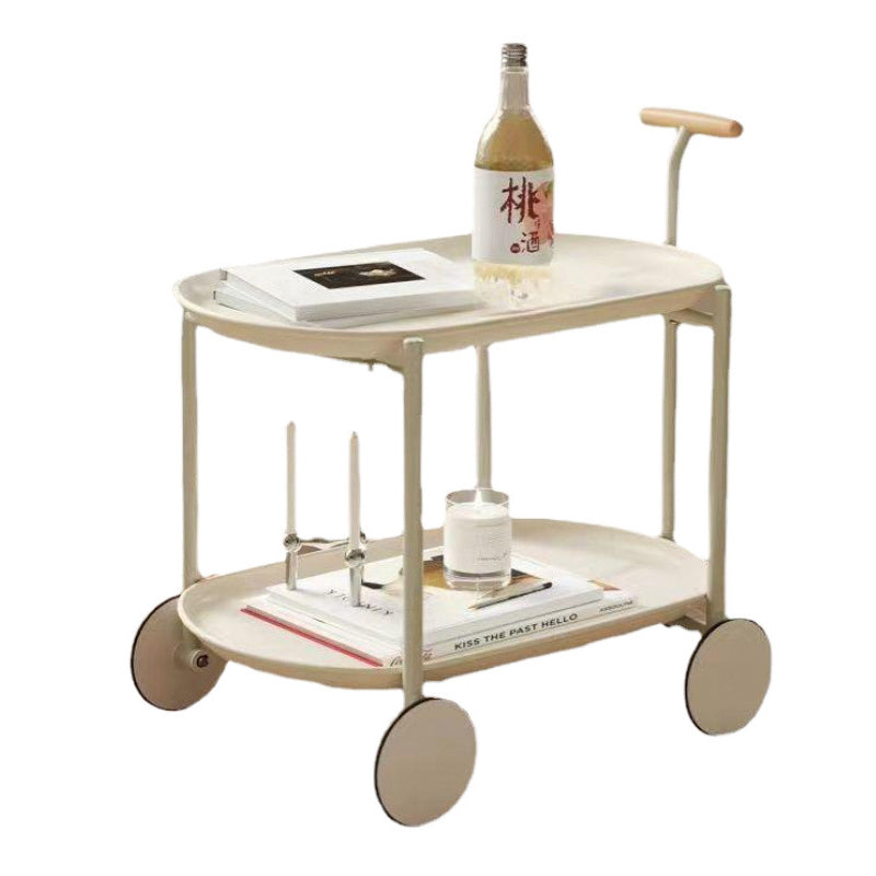 Contemporary Scandinavian ABS Iron Wood Oval Cart Movable Side Table With 2-Tier Storage For Living Room And Bedroom