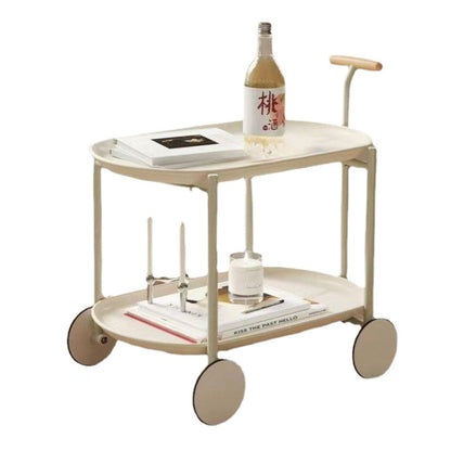 Contemporary Scandinavian ABS Iron Wood Oval Cart Movable Side Table With 2-Tier Storage For Living Room And Bedroom