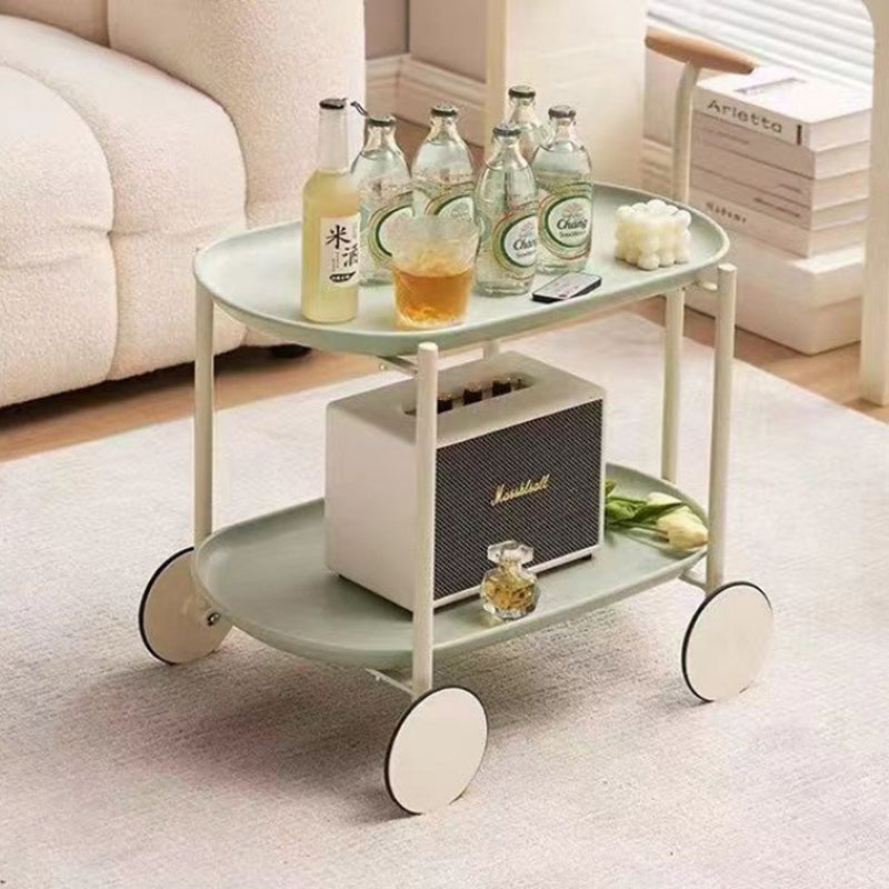Contemporary Scandinavian ABS Iron Wood Oval Cart Movable Side Table With 2-Tier Storage For Living Room And Bedroom