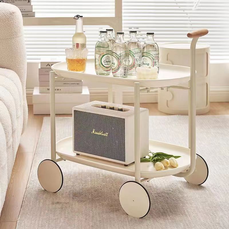 Contemporary Scandinavian ABS Iron Wood Oval Cart Movable Side Table With 2-Tier Storage For Living Room And Bedroom
