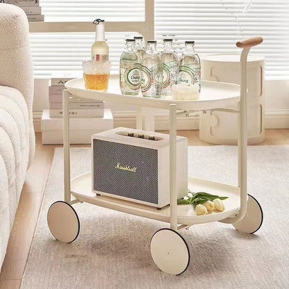 Contemporary Scandinavian ABS Iron Wood Oval Cart Movable Side Table With 2-Tier Storage For Living Room And Bedroom