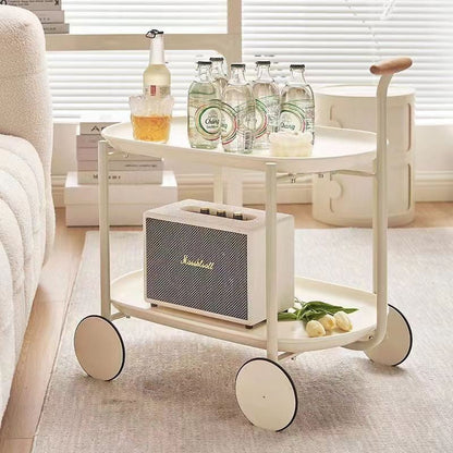 Contemporary Scandinavian ABS Iron Wood Oval Cart Movable Side Table With 2-Tier Storage For Living Room And Bedroom
