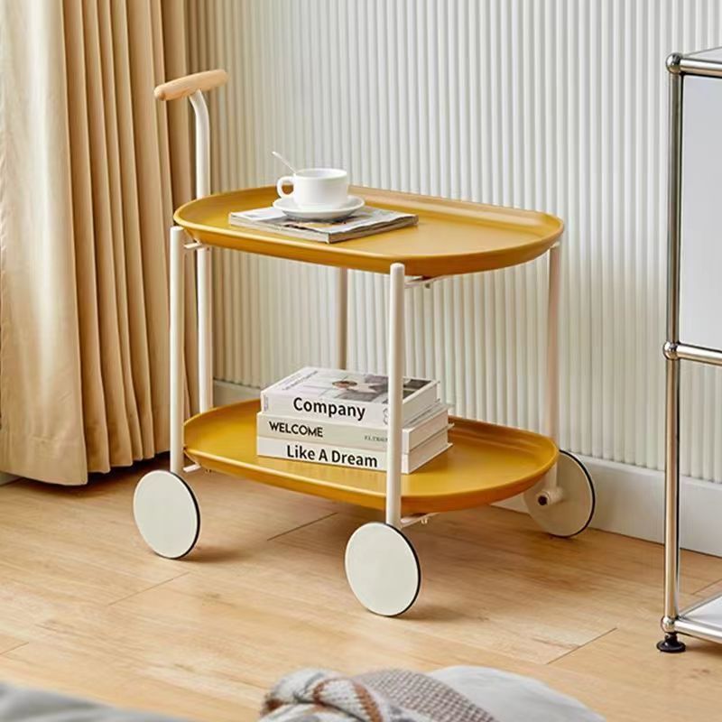 Contemporary Scandinavian ABS Iron Wood Oval Cart Movable Side Table With 2-Tier Storage For Living Room And Bedroom