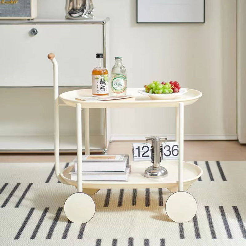 Contemporary Scandinavian ABS Iron Wood Oval Cart Movable Side Table With 2-Tier Storage For Living Room And Bedroom