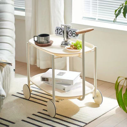 Contemporary Scandinavian ABS Iron Wood Oval Cart Movable Side Table With 2-Tier Storage For Living Room And Bedroom