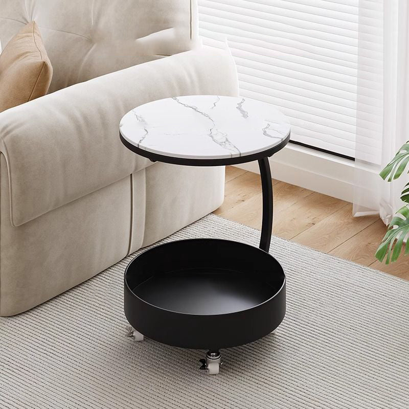 Contemporary Scandinavian Tempered Glass Slab Round Movable Side Table With 2-Tier Storage For Living Room And Bedroom