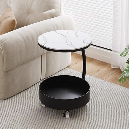 Contemporary Scandinavian Tempered Glass Slab Round Movable Side Table With 2-Tier Storage For Living Room And Bedroom