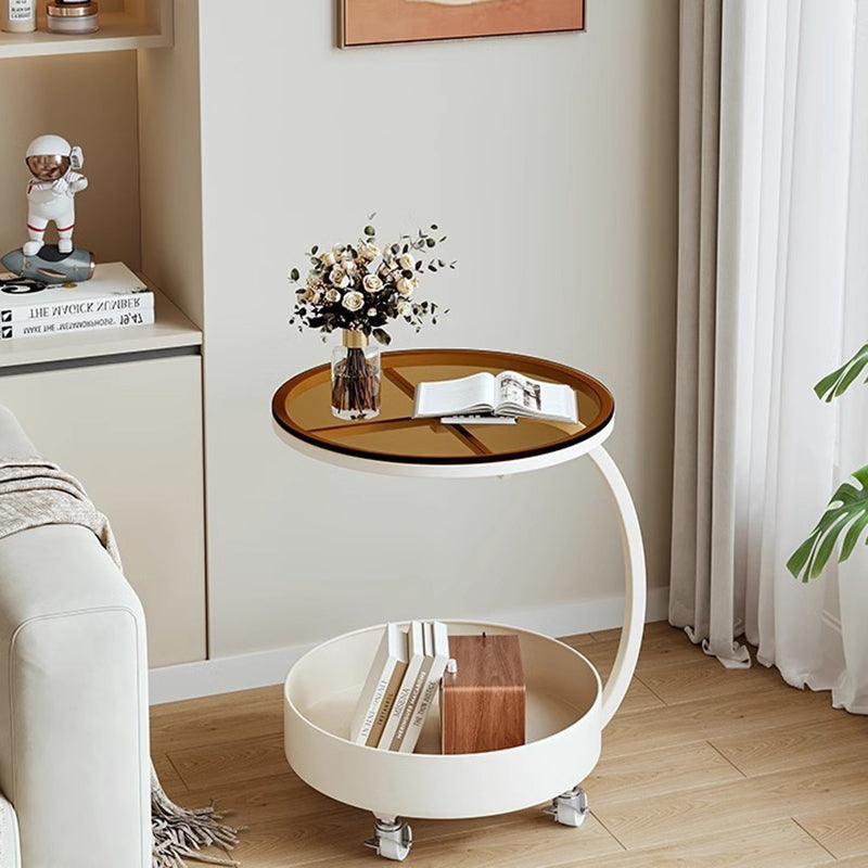 Contemporary Scandinavian Tempered Glass Slab Round Movable Side Table With 2-Tier Storage For Living Room And Bedroom