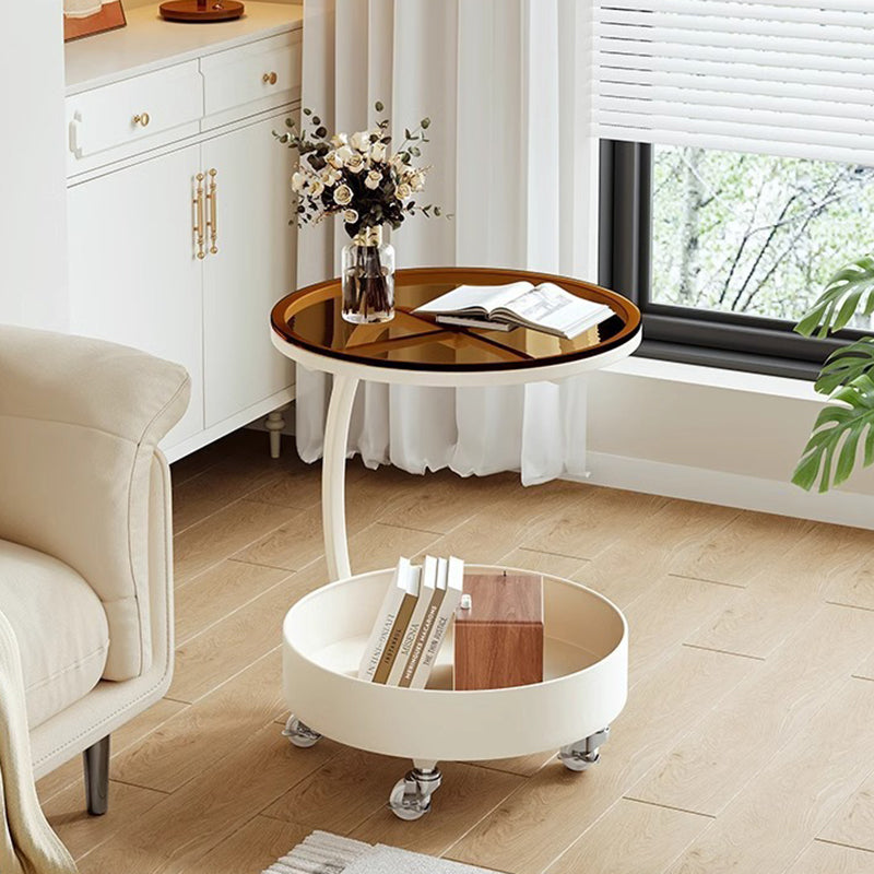Contemporary Scandinavian Tempered Glass Slab Round Movable Side Table With 2-Tier Storage For Living Room And Bedroom