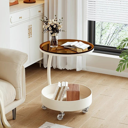 Contemporary Scandinavian Tempered Glass Slab Round Movable Side Table With 2-Tier Storage For Living Room And Bedroom