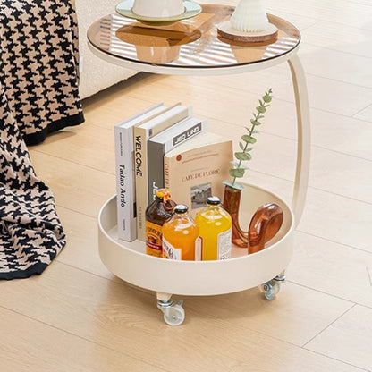 Contemporary Scandinavian Tempered Glass Slab Round Movable Side Table With 2-Tier Storage For Living Room And Bedroom
