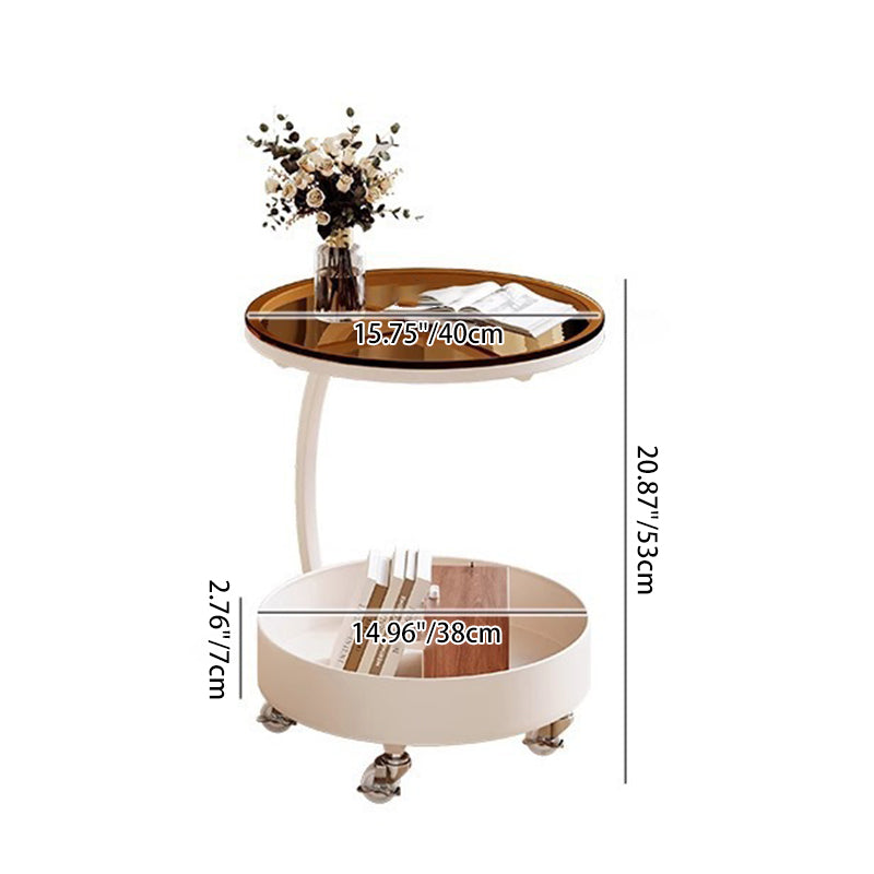 Contemporary Scandinavian Tempered Glass Slab Round Movable Side Table With 2-Tier Storage For Living Room And Bedroom