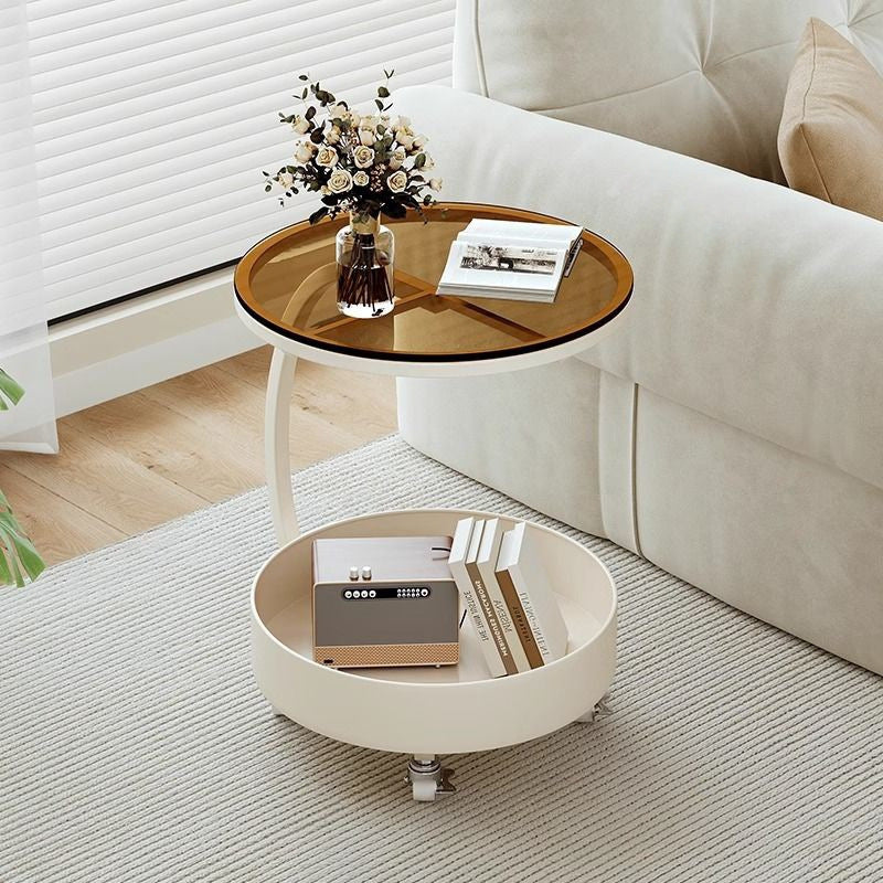 Contemporary Scandinavian Tempered Glass Slab Round Movable Side Table With 2-Tier Storage For Living Room And Bedroom